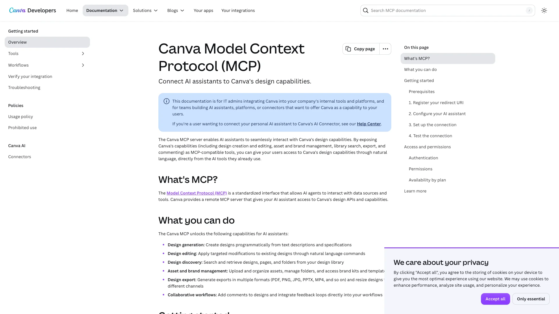 Canva MCP documentation describing design creation and editing through AI tools