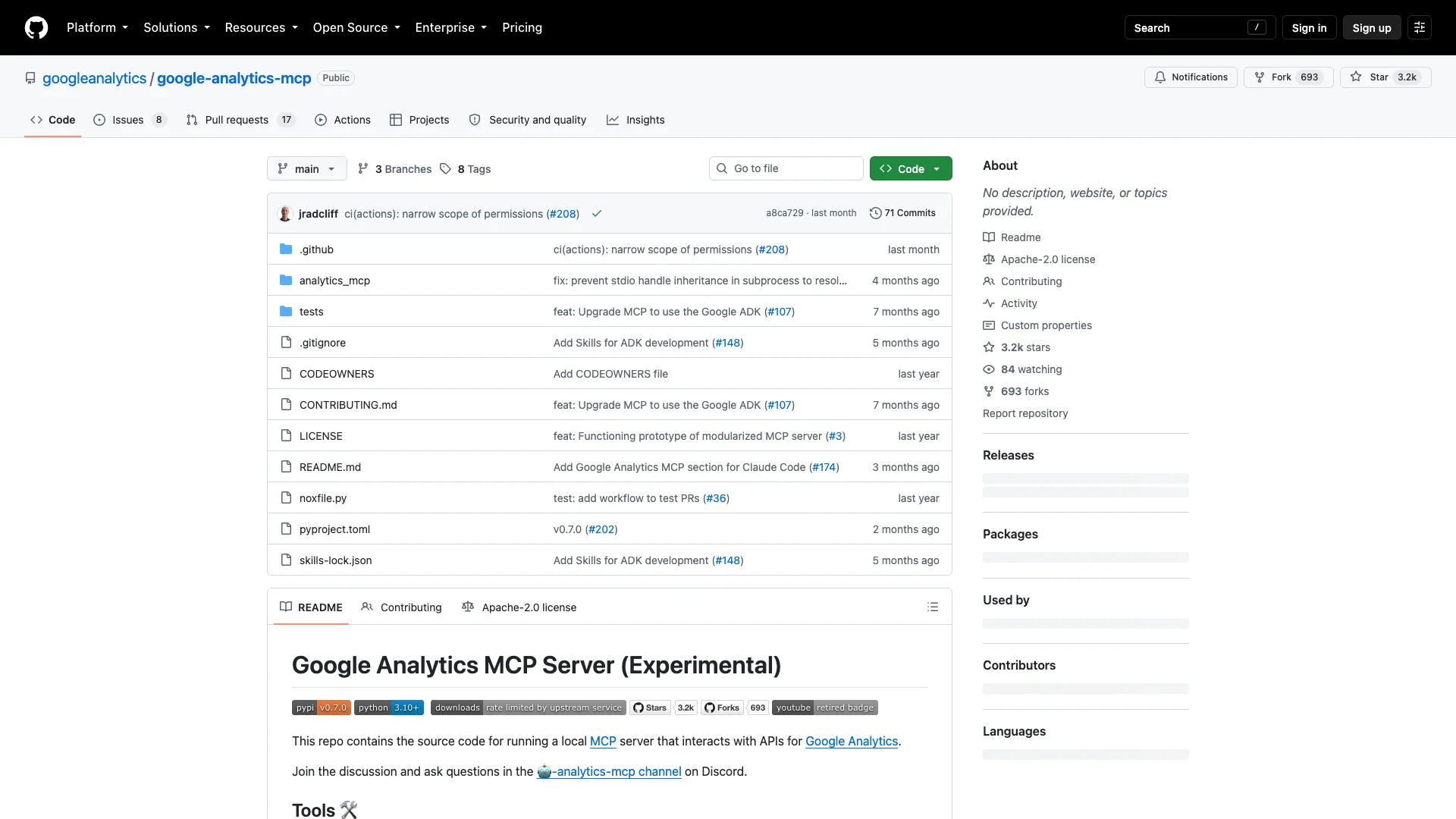 Google Analytics MCP repository showing tools for property and performance reporting