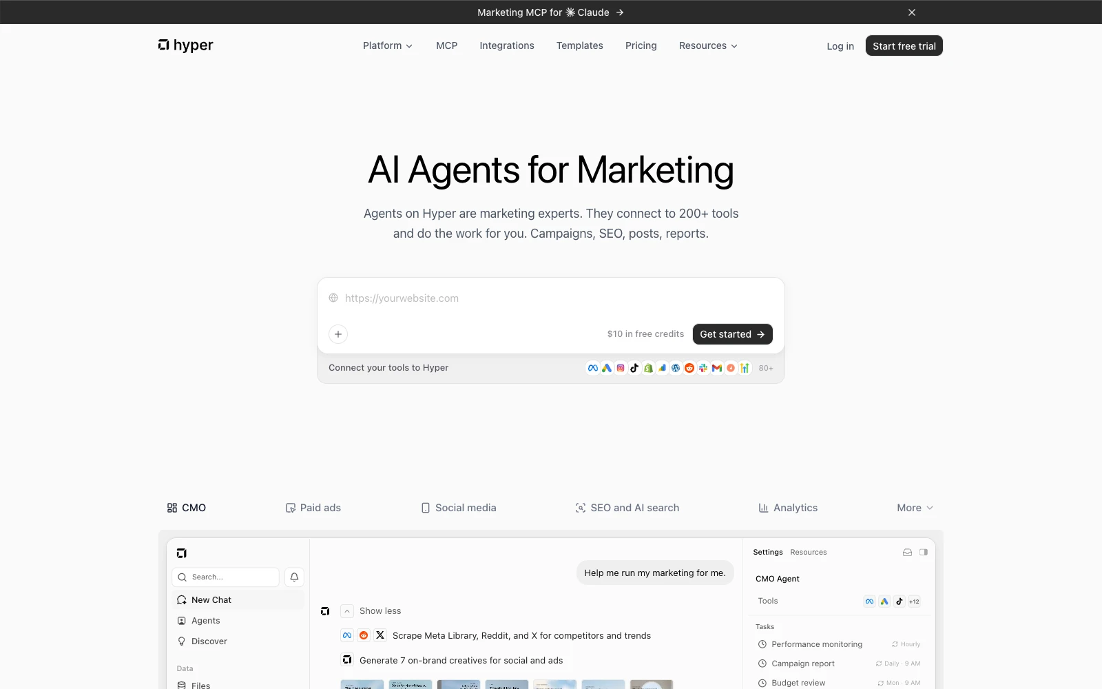 Hyper AI-native marketing platform with specialist agents and connected marketing tools