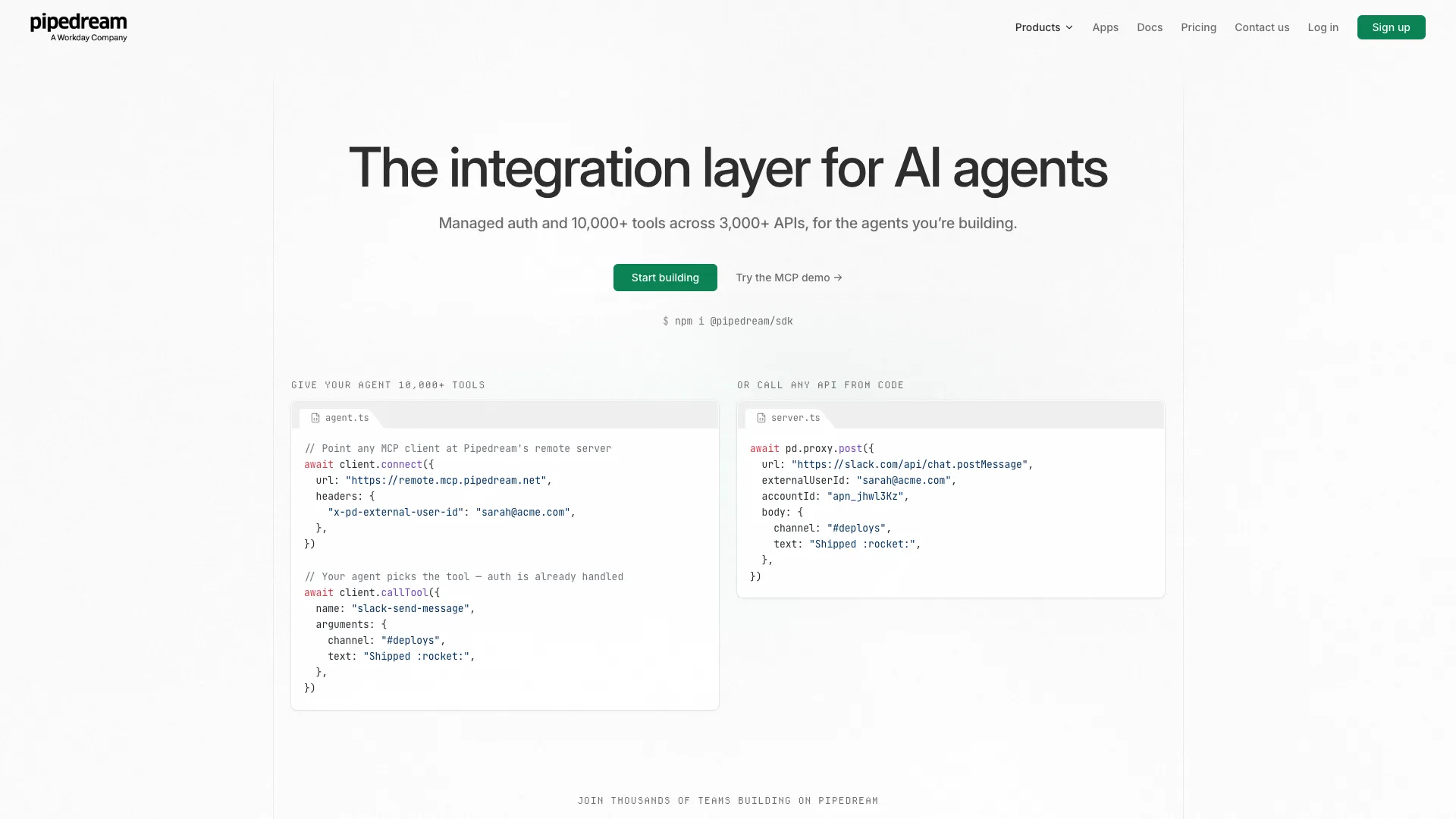 Pipedream Connect platform with MCP tools and API access for AI agents