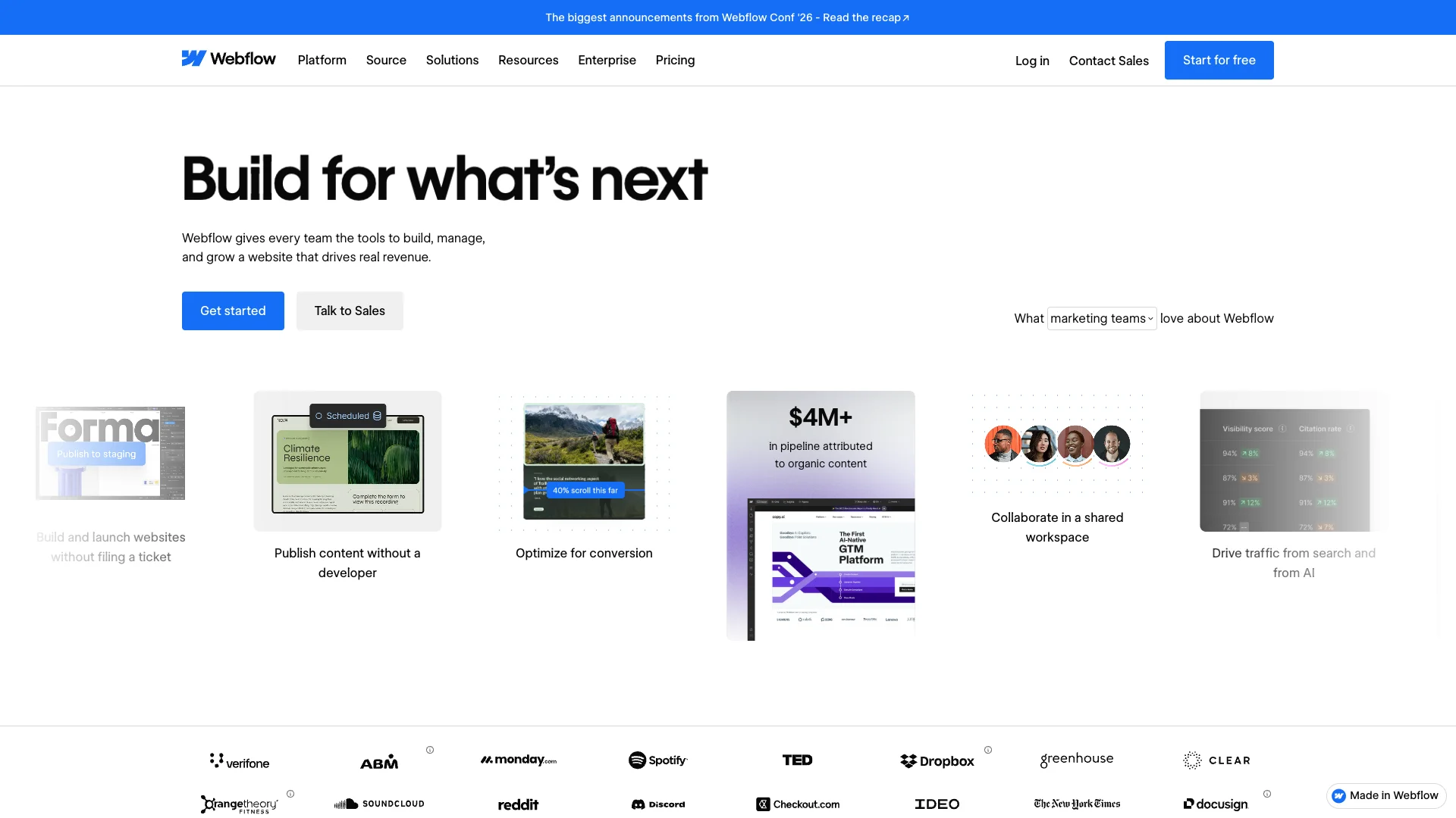 Webflow website platform for creating marketing pages and managing CMS content