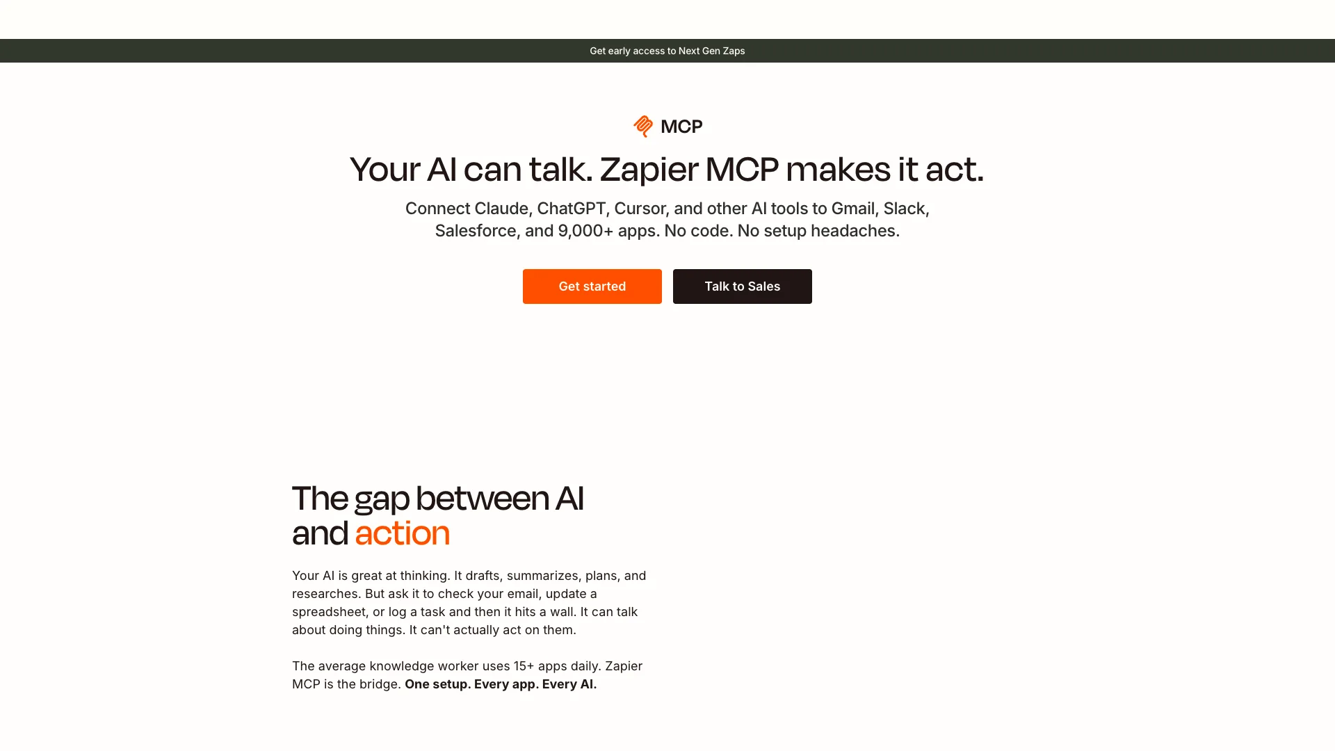 Zapier MCP product page connecting AI assistants to selected app actions